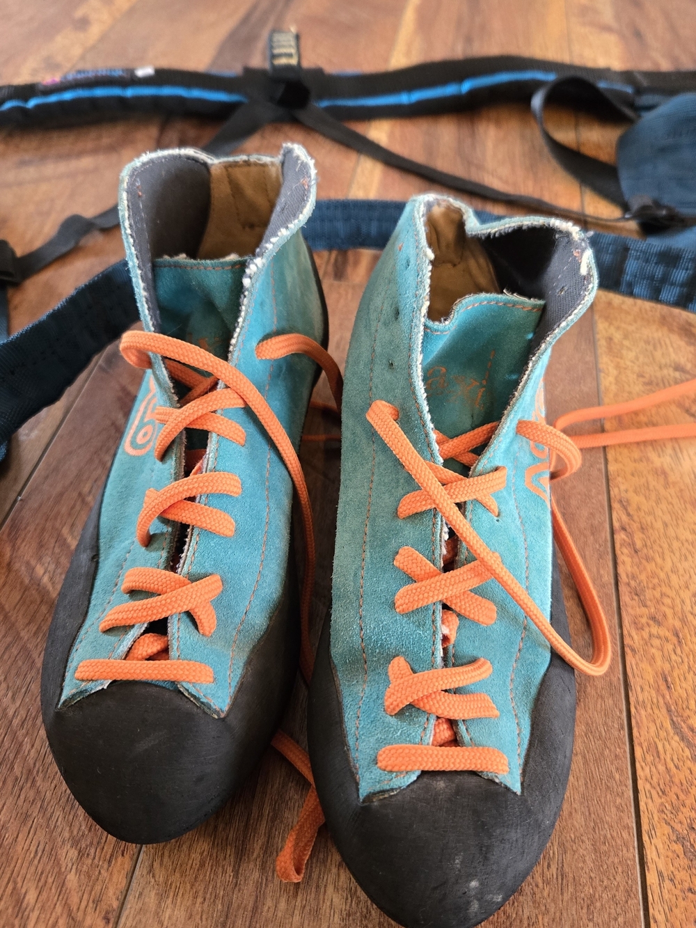 Vtg Asolo Teal and Orange Suede Climbing Shoes & Climb High Harness